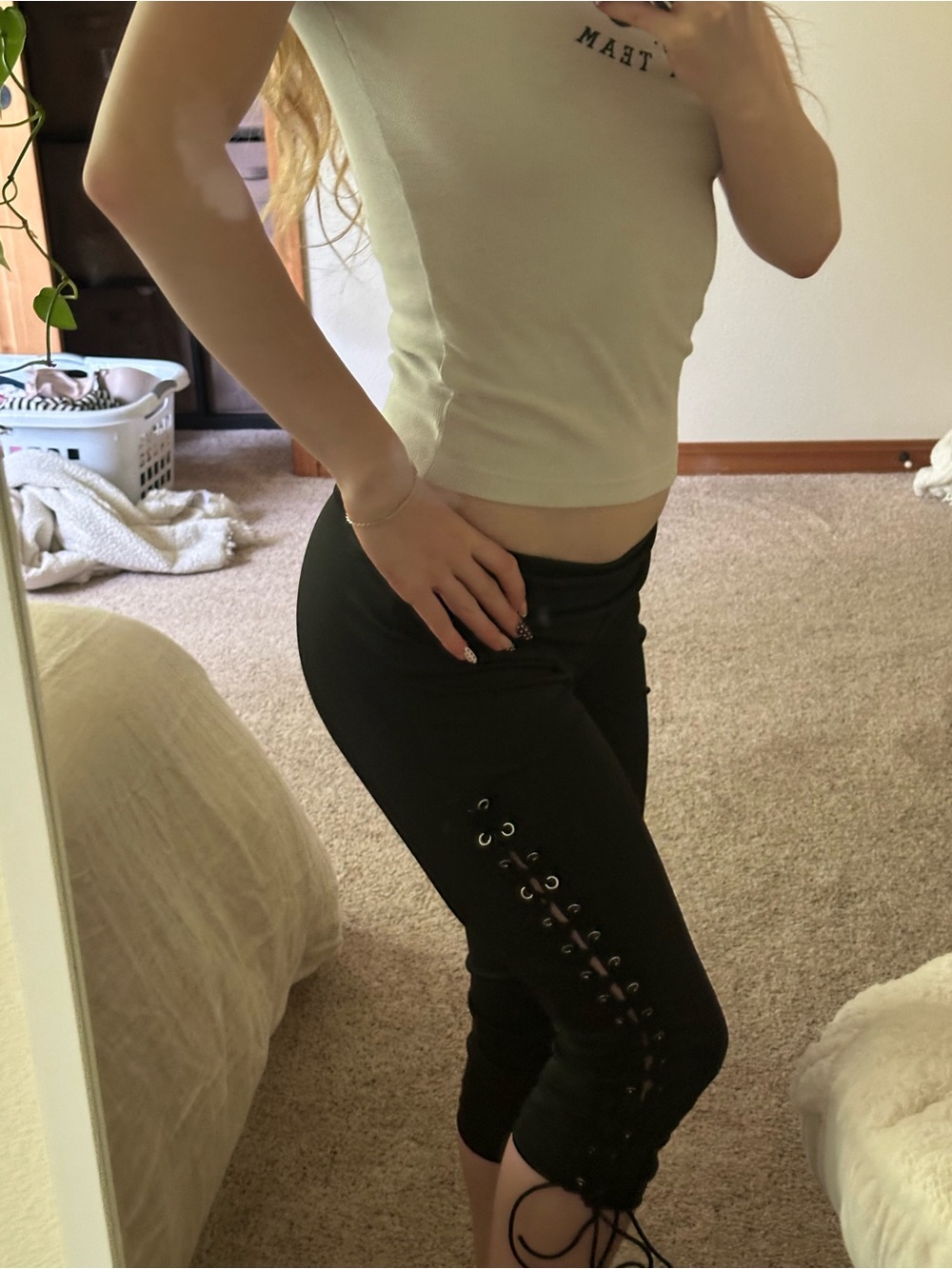 Y2K Black Lace-Up Capri Pants for Women